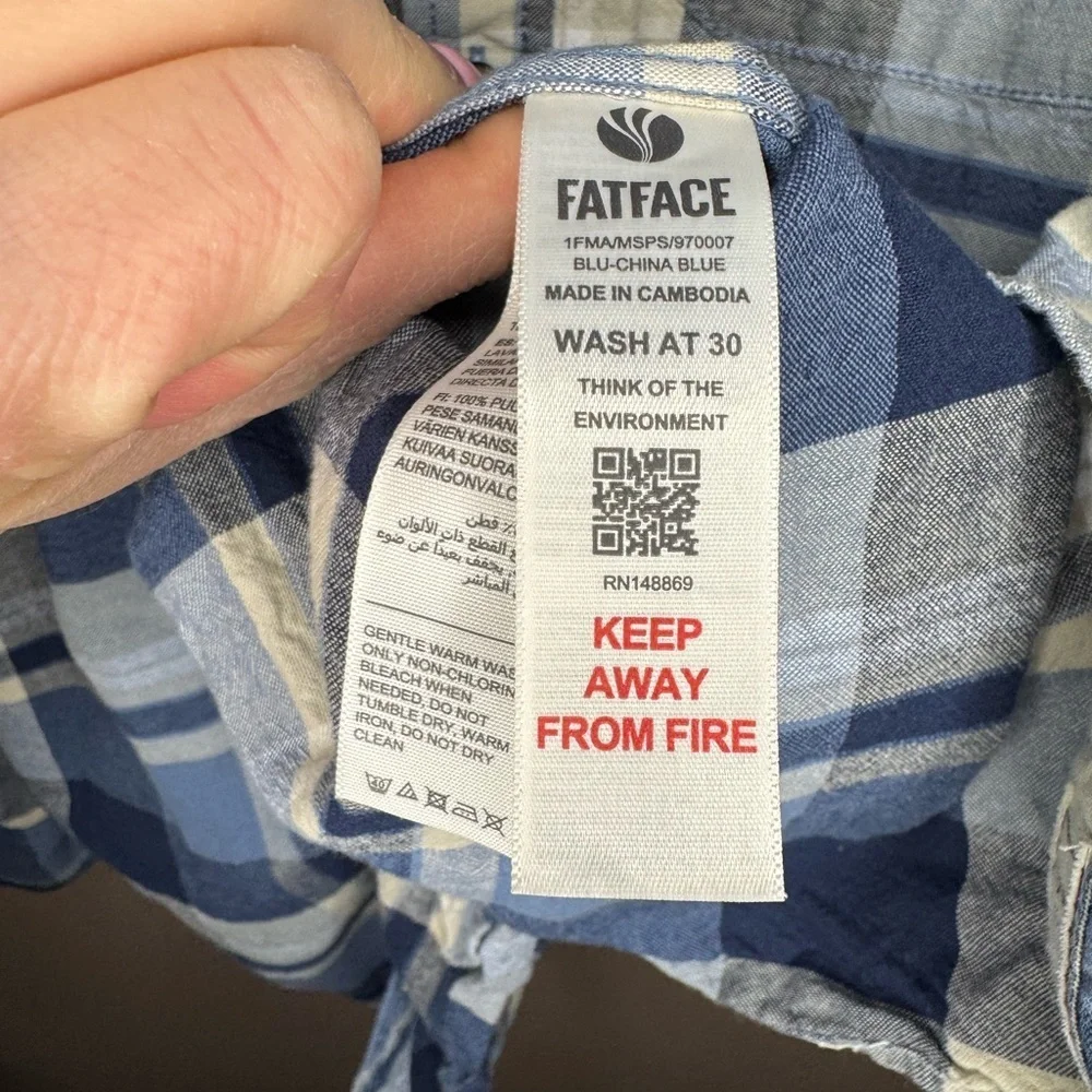 Men’s FatFace Navy and Light Blue Plaid Button-Down Shirt